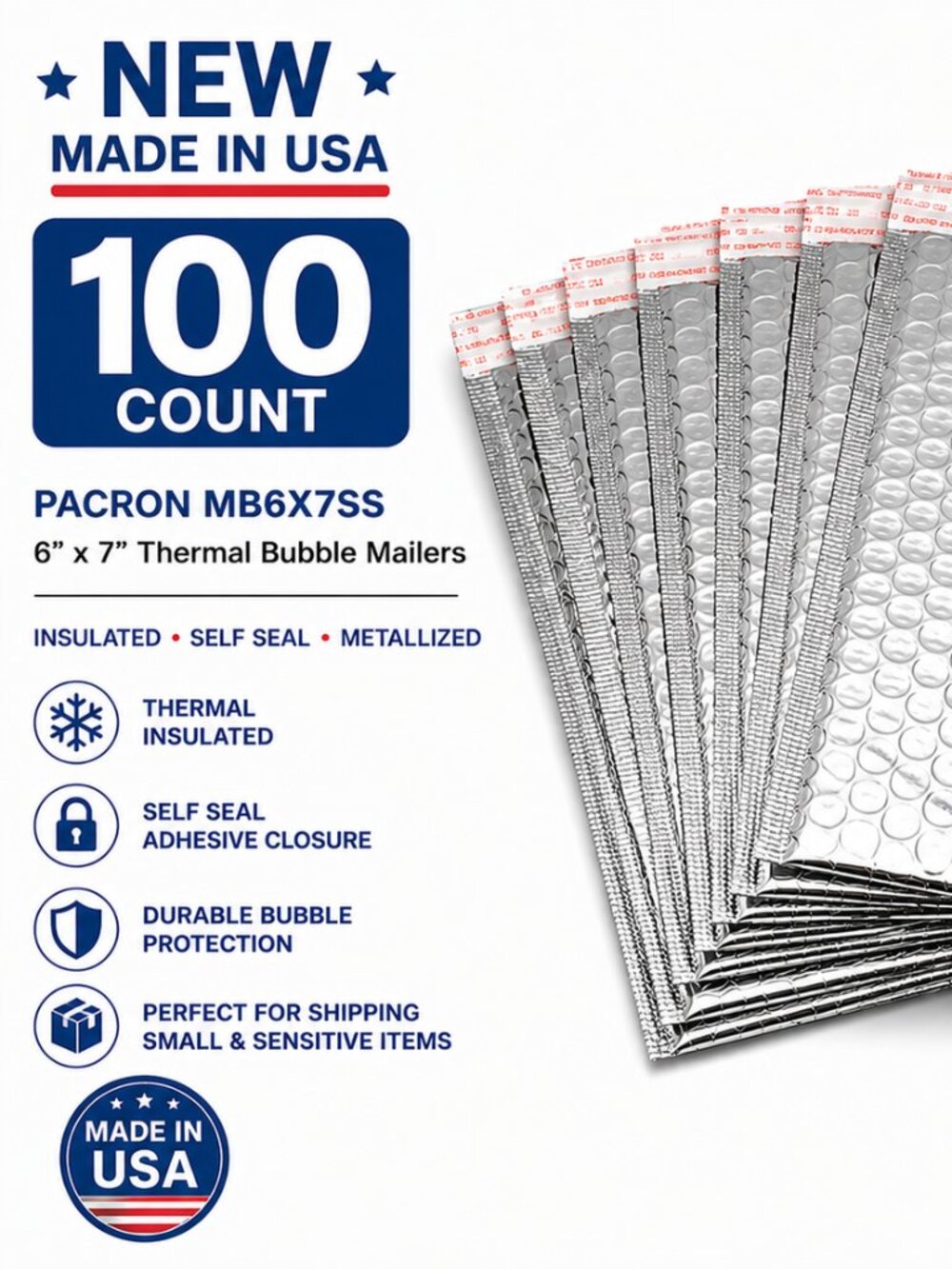 NEW 100 Pacron 6x7 Silver Thermal Bubble Mailers Self Seal Made USA